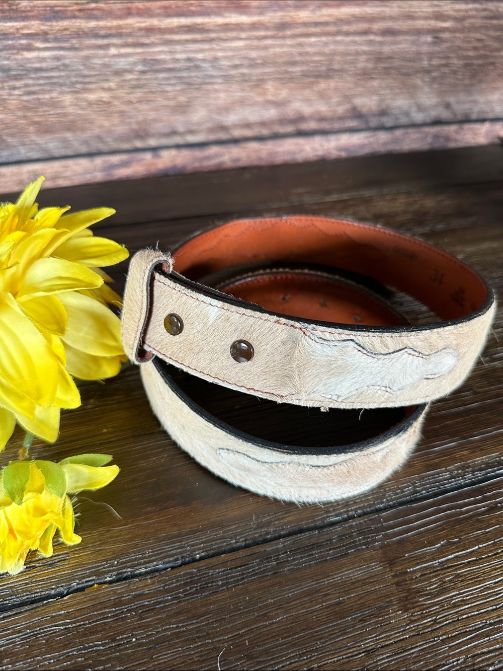 M&F Tan & Cream Haircalf Leather Belt with Contrast Interior